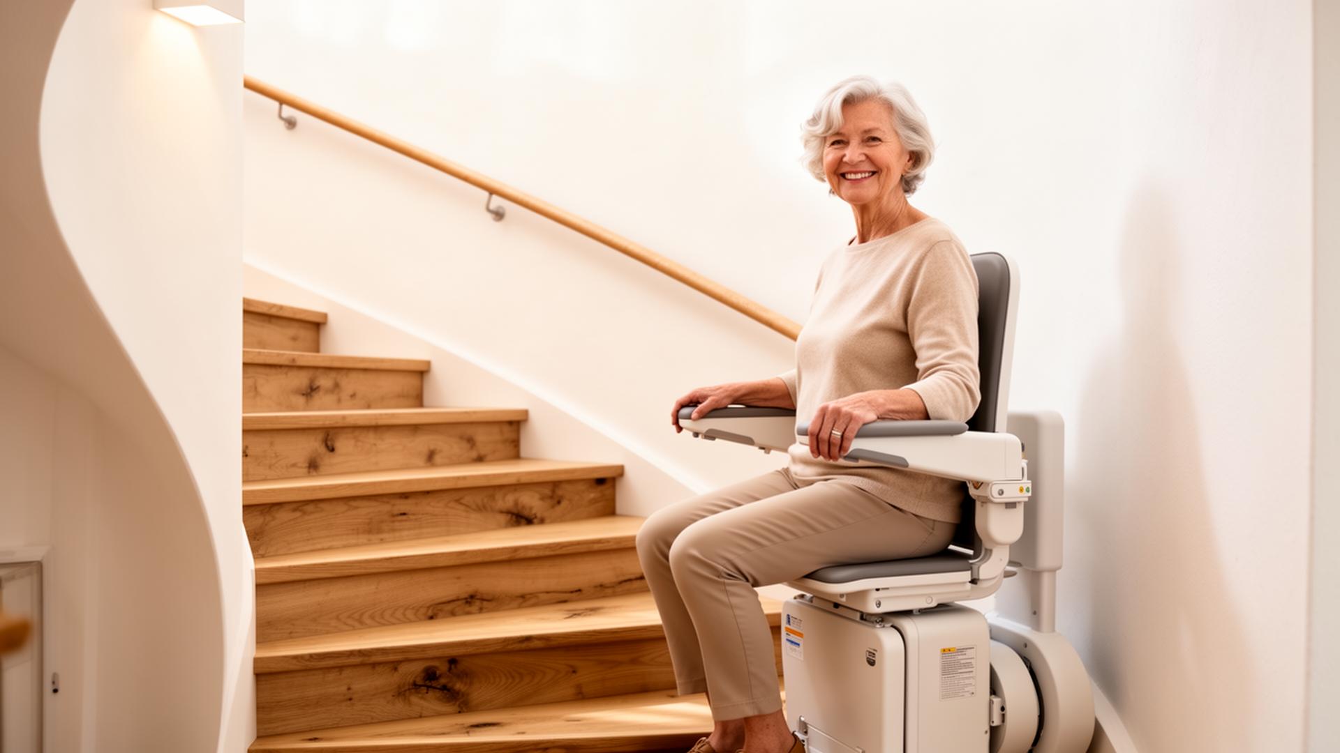 Seniorin auf einem Treppenlift an einer kurvigen Treppe